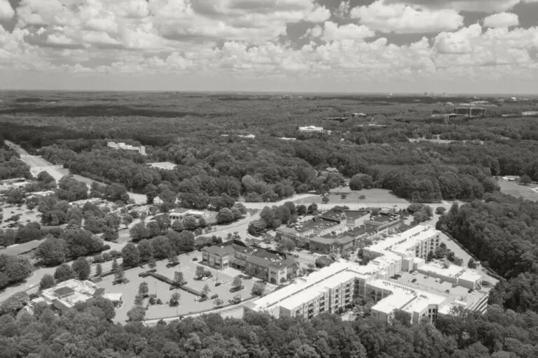 A black and white aerial view of a large, expansive area with dense forests, buildings, and roads. In the foreground, there are residential or commercial structures including a hair salon surrounded by trees. The landscape extends to the horizon with scattered clouds in the sky.