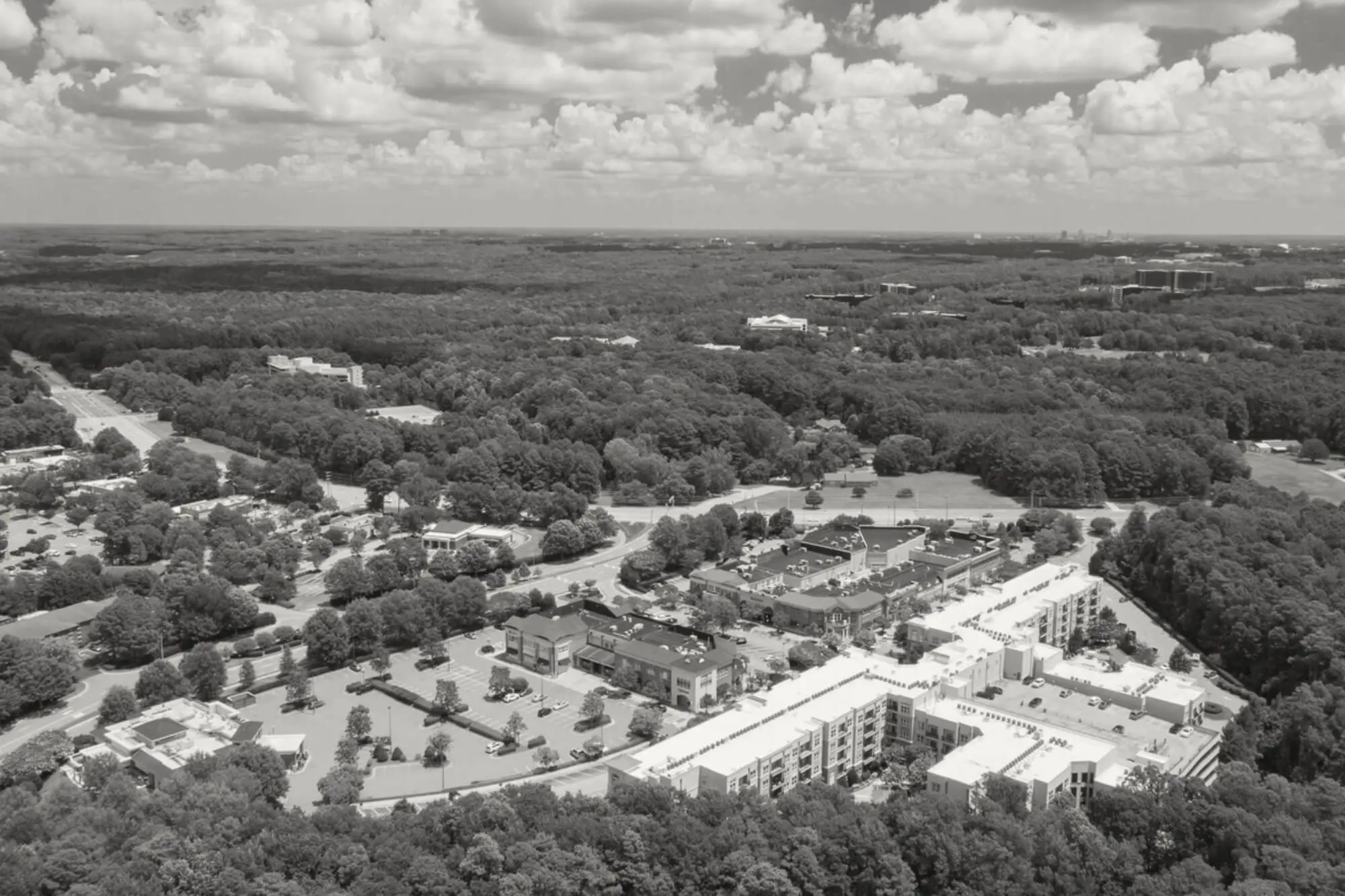 A black and white aerial view of a large, expansive area with dense forests, buildings, and roads. In the foreground, there are residential or commercial structures including a hair salon surrounded by trees. The landscape extends to the horizon with scattered clouds in the sky.