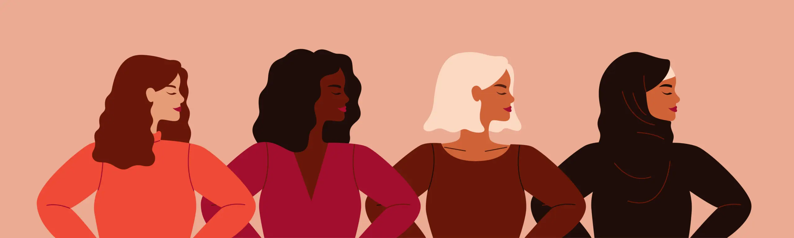 Illustration of four women standing side by side with eyes closed and hands on hips. They have diverse skin tones and hairstyles, from wavy red hair to curly black hair, straight blonde hair, and black hair covered with a headscarf. Each showcases the beauty that can be found in top-notch hair salons Cary NC.