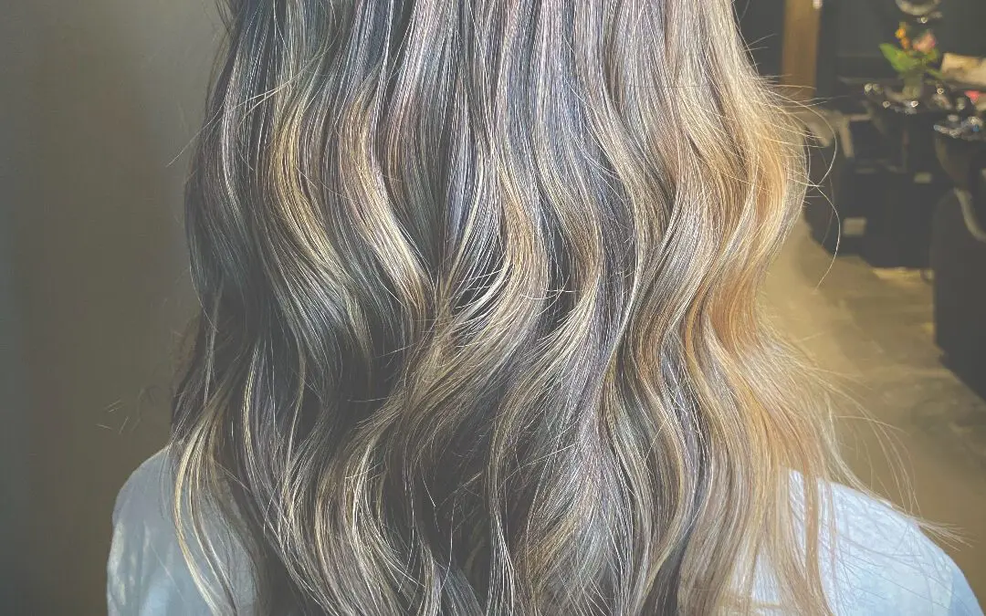 Back view of long dark brunette hair featuring a dimensional warm caramel balayage and loose tousled waves, customized by Lisa Edwards at Sunday Salon in Raleigh, NC.
