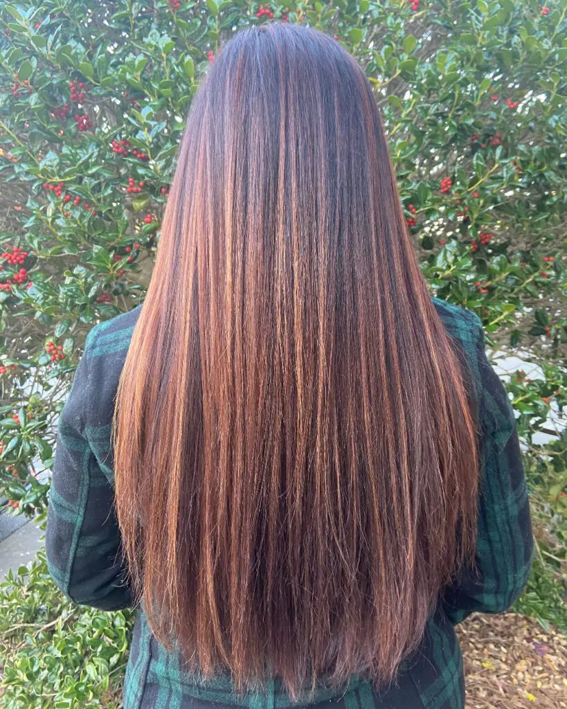 Back view of ultra-long, sleek straight hair featuring a deep dark brunette base with vibrant copper and auburn balayage ribbons, styled at Sunday Salon in Raleigh, NC.