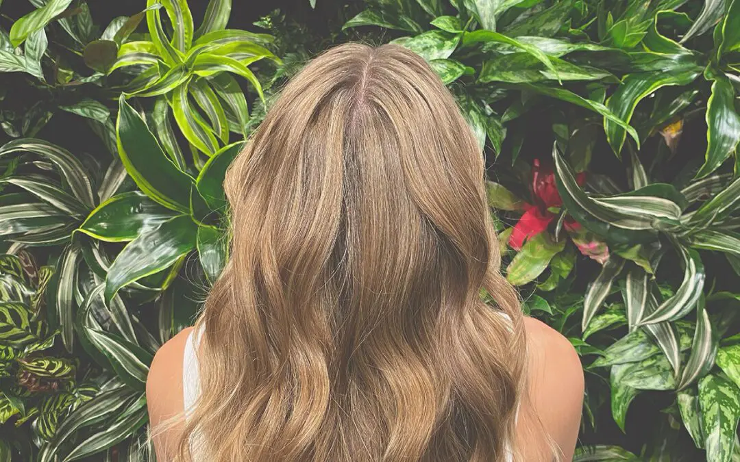 Back view of long, thick hair featuring a warm golden honey blonde balayage with a seamless shadow root and soft cascading waves, customized by Lisa Edwards at Sunday Salon in Raleigh, NC.