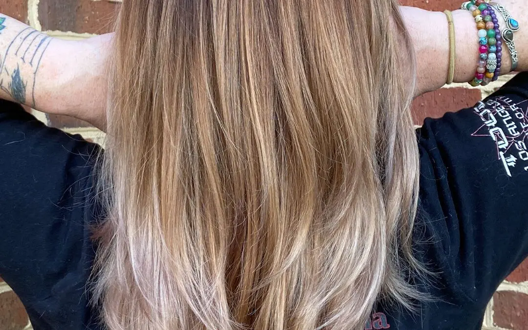 Back view of straight medium-long hair featuring a dramatic color melt from a deep brunette shadow root to warm caramel mid-lengths and bright pale blonde ends, styled at Sunday Salon in Raleigh, NC.
