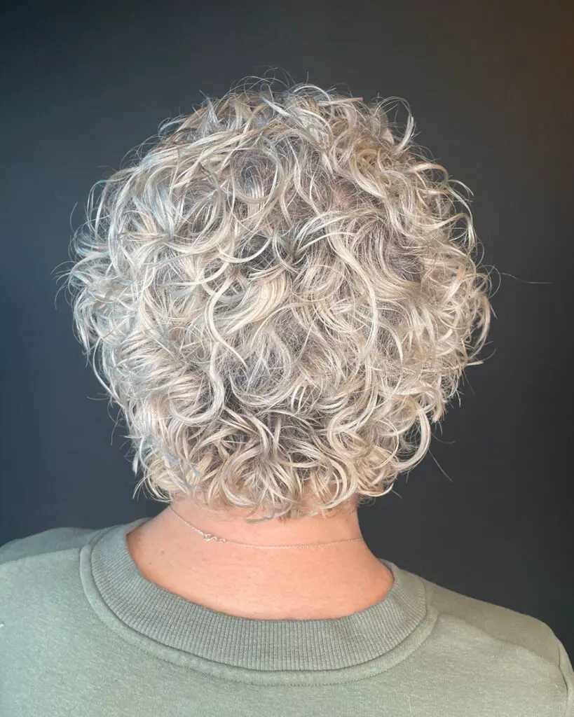 Back view of a short, voluminous curly haircut featuring icy platinum blonde highlights and a dimensional shadow root, styled at Sunday Salon in Raleigh, NC.