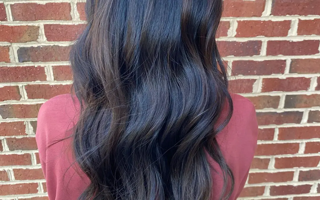 Back view of a woman with ultra-long, thick espresso brown hair styled in loose waves, featuring a subtle dark chocolate balayage at Sunday Salon in Raleigh, NC.