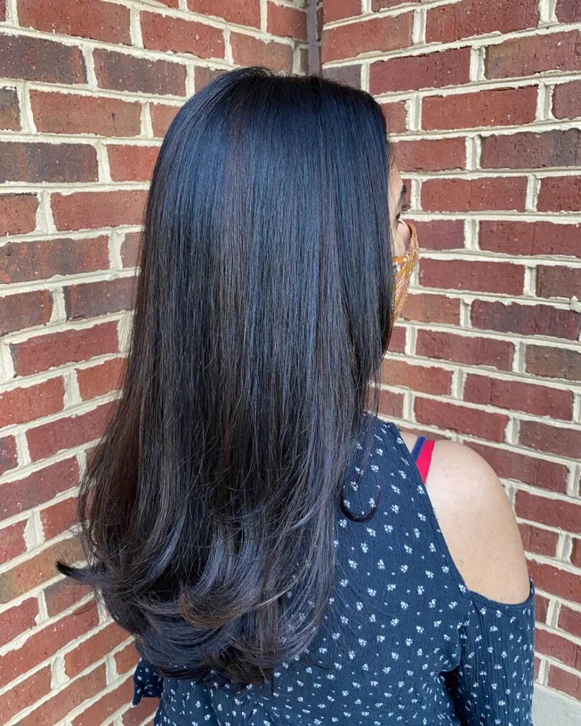 Back view of a woman with long, sleek, dark midnight brunette hair featuring a high-gloss finish and bouncy layered ends, styled at Sunday Salon in Raleigh, NC.