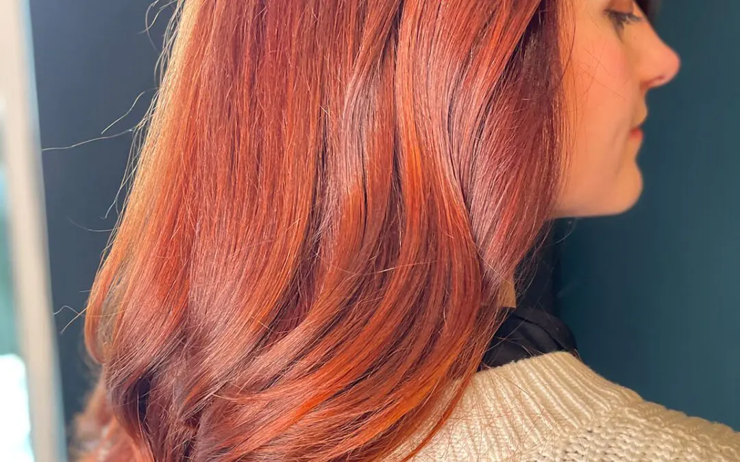 Side profile of a woman with medium-long hair featuring a vibrant multi-dimensional ruby and copper red color, styled with a sleek bouncy blowout at Sunday Salon in Raleigh, NC.