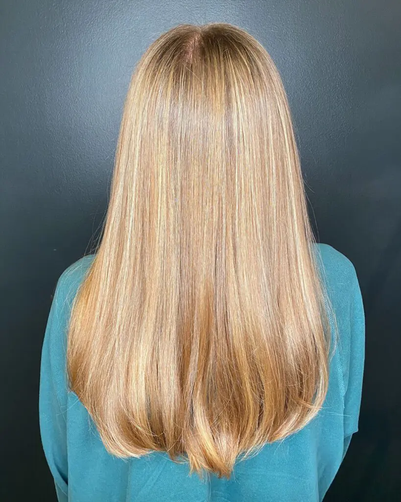 Ultra-Sleek Honey and Golden Blonde Blend with a Flawless Finish Back view of a woman with long, thick, straight hair featuring finely woven warm honey and golden blonde highlights, styled sleek at Sunday Salon in Raleigh, NC.