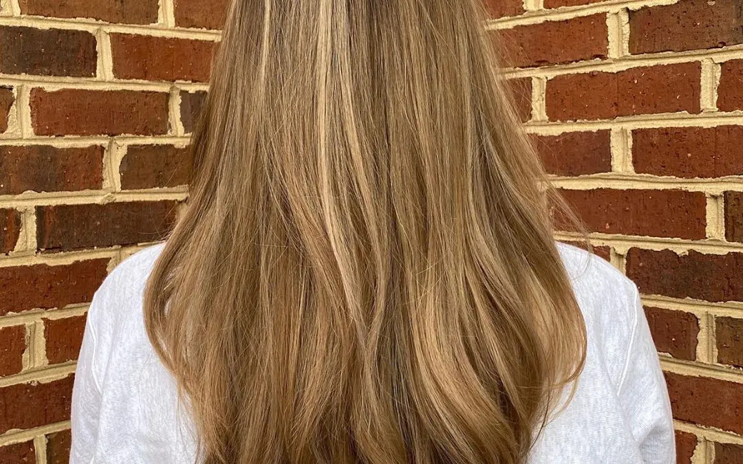 Back view of a woman with ultra-long, thick light brown hair featuring bright golden blonde highlights and a smooth blowout styling at Sunday Salon in Raleigh, NC.