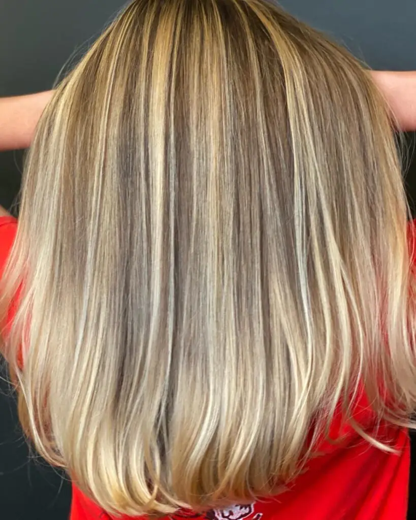 Back view of a woman with medium-long straight hair featuring heavy creamy blonde highlights and a sleek blowout by Lisa Edwards at Sunday Salon in Raleigh, NC.