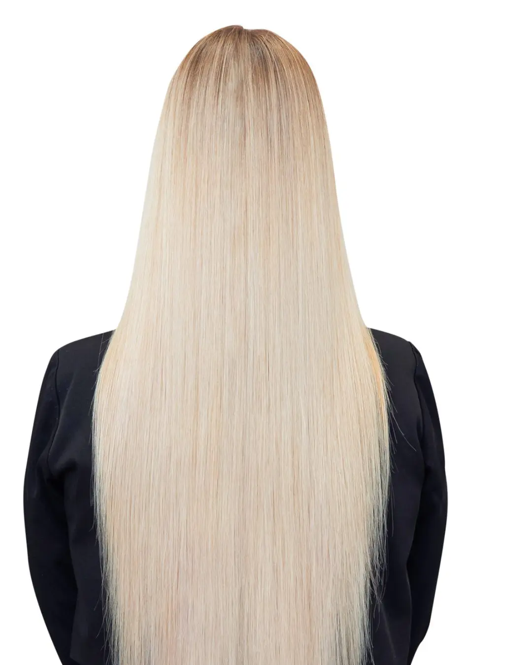 Everything You Need To Know About Keratin Treatments Portfolio 3 After 1080 x 1350 A person with long, straight, platinum blonde hair shown from the back. The hair cascades down smoothly, reaching past the shoulders and onto the upper back. The person is wearing a black, long-sleeved top and stands against a plain white background—perfectly styled as if just leaving the best hair salon in Cary, NC.