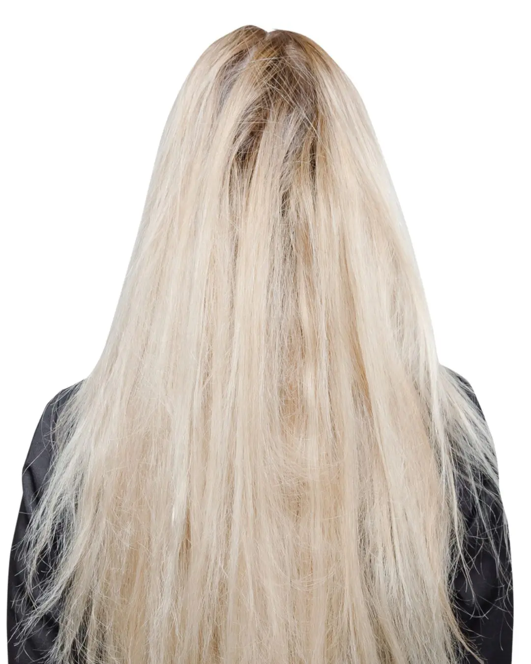 Everything You Need To Know About Keratin Treatments Portfolio 3 Before 1080 x 1350 v3 A person with long, light blonde hair is shown from behind against a white background. The hair appears straight and slightly tousled, covering the person's back. The person, ready for their visit to the best hair salon in Cary NC, is wearing a black garment.