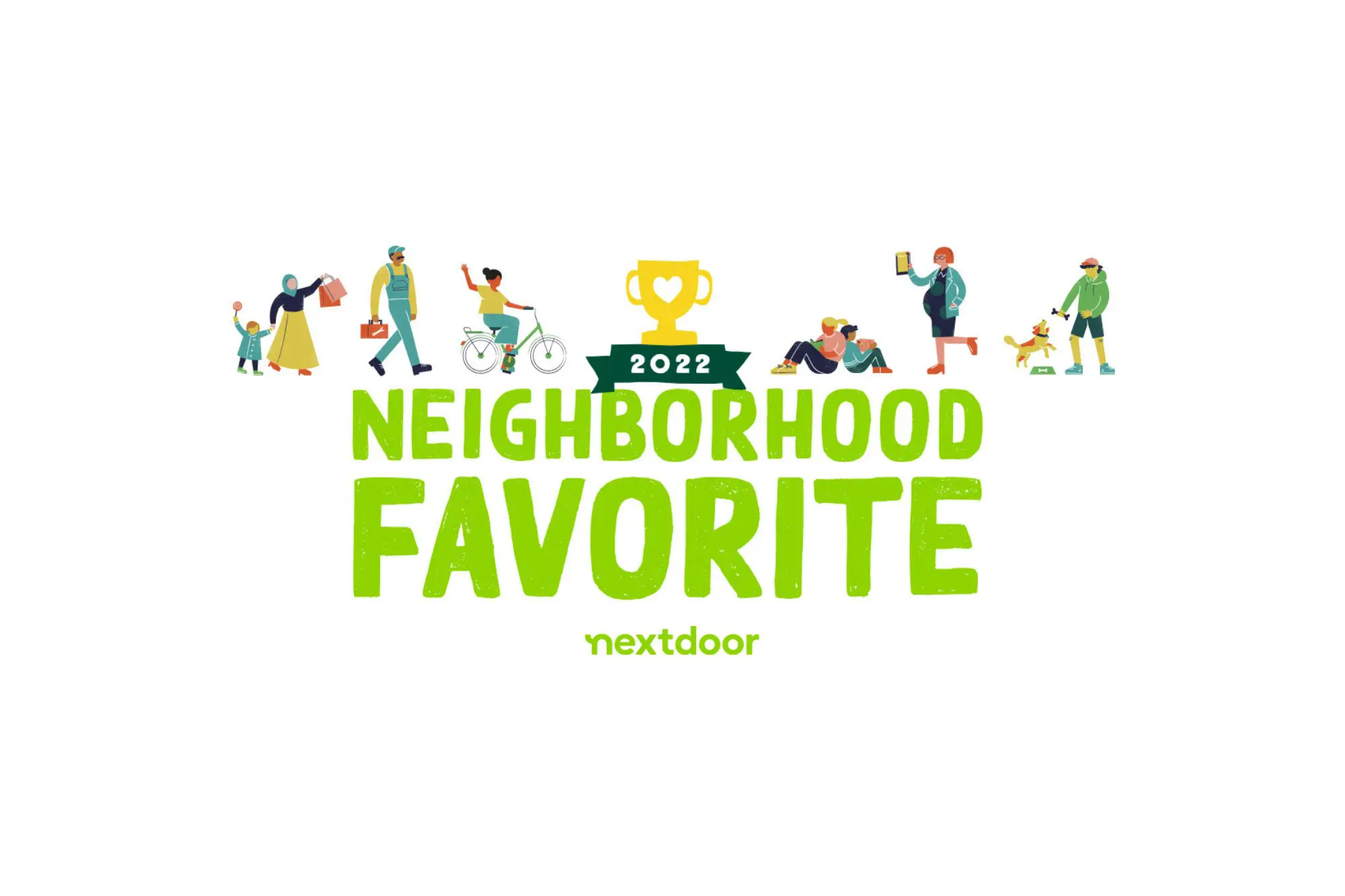 Illustrated image with "2022 Neighborhood Favorite" in bold green text and "nextdoor" beneath it. A gold trophy icon is placed above the text. Surrounding are diverse illustrations of people engaging in community activities like walking pets, gardening, biking, and visiting hair salons Cary NC.