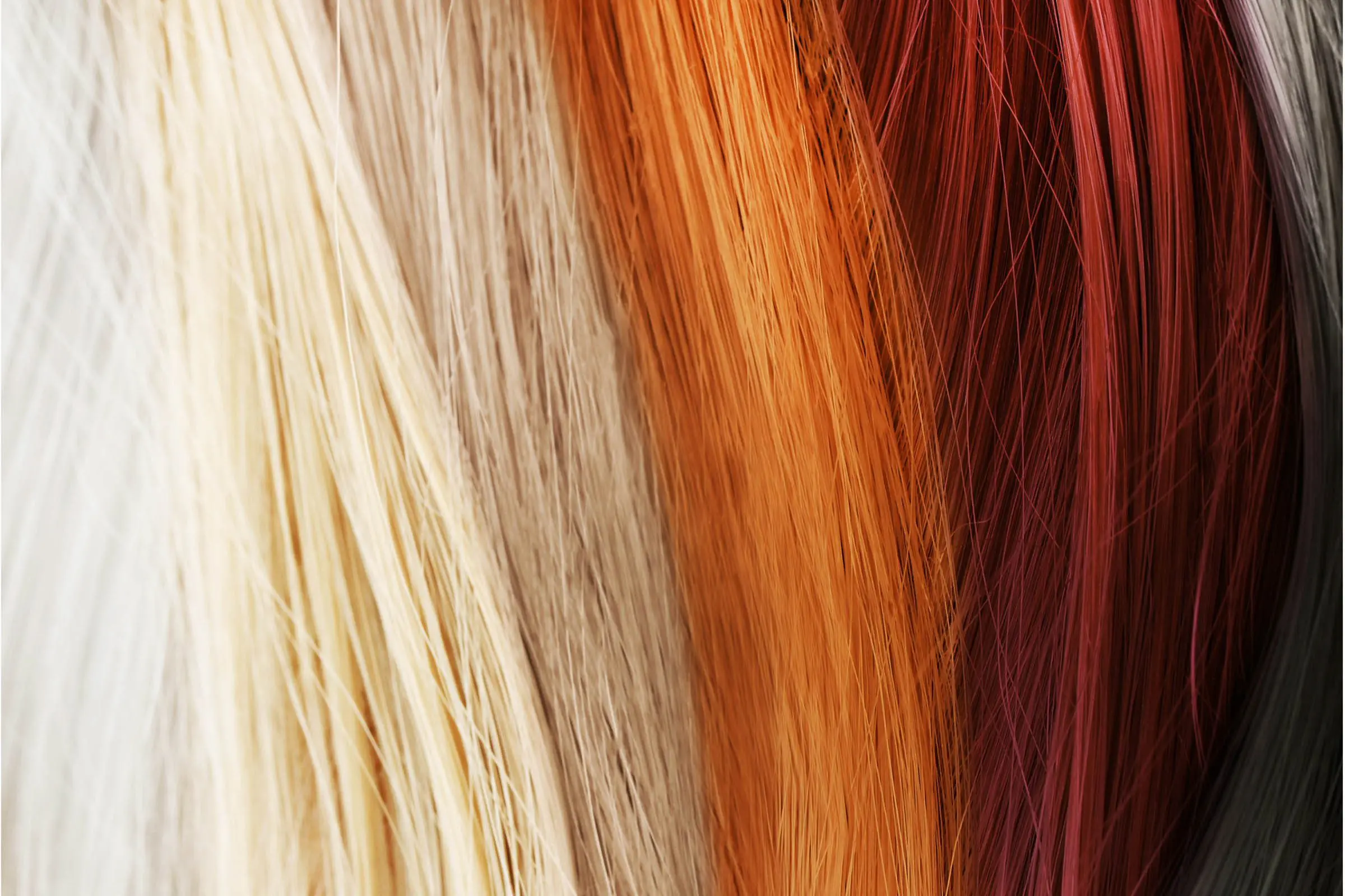 Close-up view of various strands of hair in different shades, ranging from platinum blonde to light brown, orange, deep red, and black. The strands are placed next to each other, showing a gradient of colors—an inspiring palette for your next visit to a hair salon.