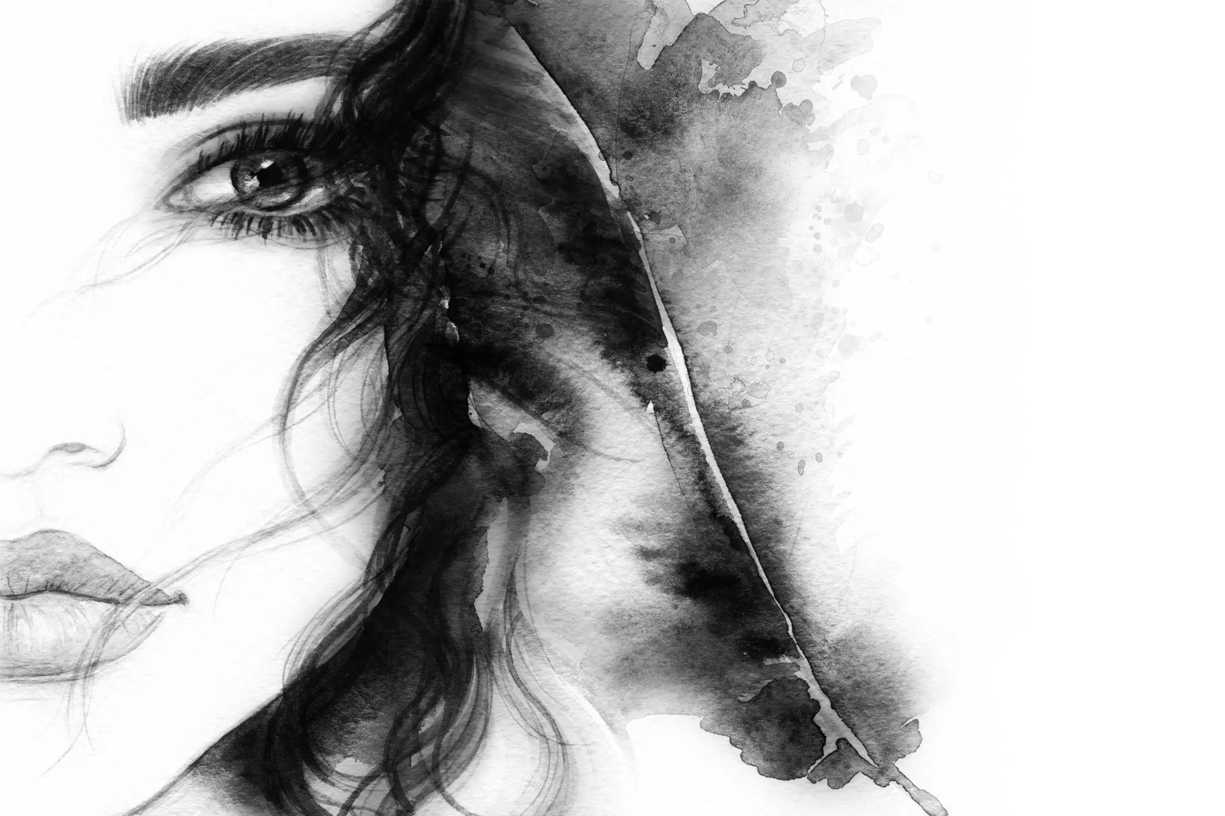 A monochromatic watercolor painting depicting the left half of a woman's face. She has an intense gaze with detailed eye makeup, delicate facial features, and wavy dark hair blending into abstract, flowing ink splatters on the right side. This stunning piece would be a perfect addition to any hair salon near me.