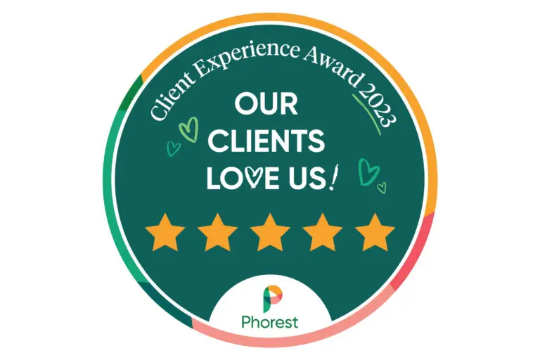 A green circular badge with the text "Client Experience Award 2023" on the top edge, "Our clients love us!" in the center, and "Phorest" at the bottom. With five gold stars below, it's no wonder Sunday Salon is considered the best hair salon in Raleigh, NC. The colorful border adds a festive touch.