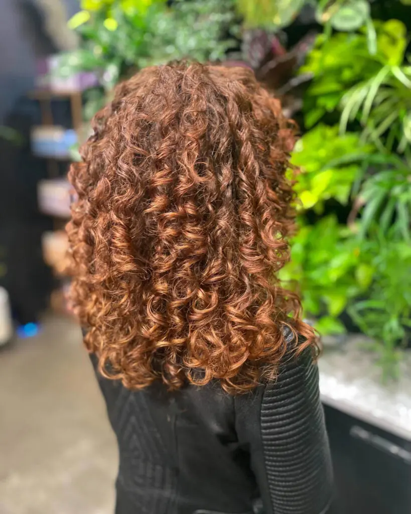 Back view of a woman with medium-long, voluminous natural curly hair featuring perfectly defined ringlets and a rich auburn copper custom color, styled at Sunday Salon in Raleigh, NC.