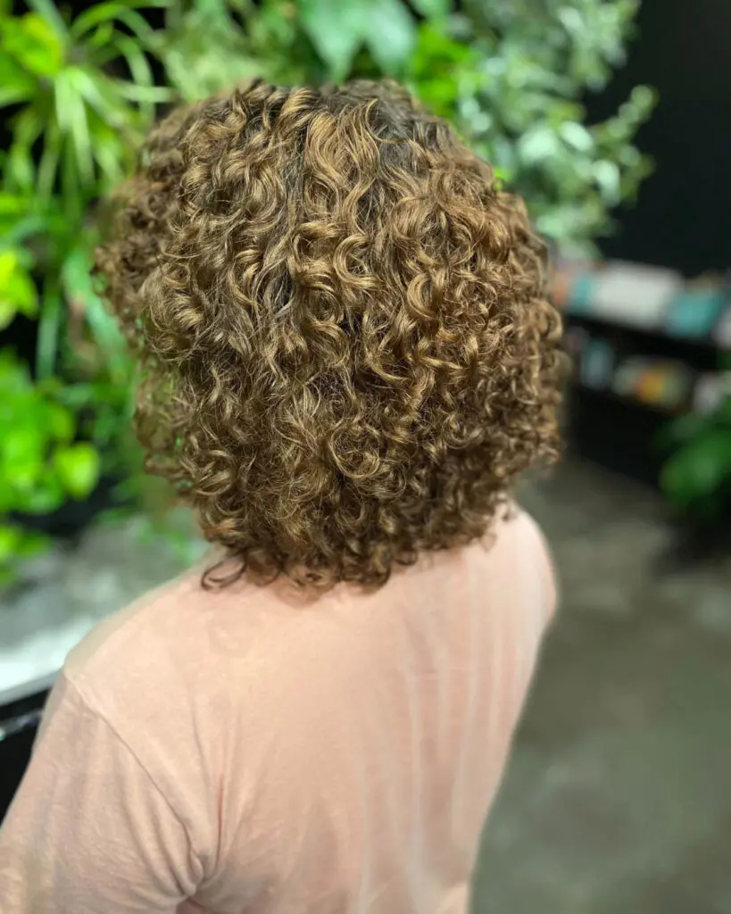 Back view of a woman with a shoulder-length curly bob featuring perfectly defined natural ringlets and a dimensional golden caramel bronde color, styled at Sunday Salon in Raleigh, NC.