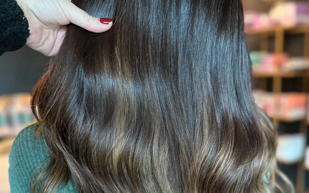 A stylist's hand showcasing ultra-thick, long dark brunette hair extensions seamlessly blended with a subtle bronde balayage, custom matched and installed by Lizzie Post at Sunday Salon in Raleigh, NC.