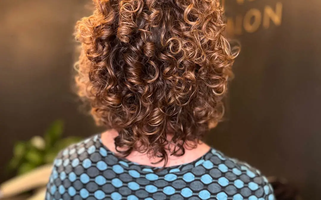 Back view of a client with defined, shoulder-length natural curls featuring dimensional golden caramel highlights, styled to perfection at Sunday Salon in Raleigh, NC.