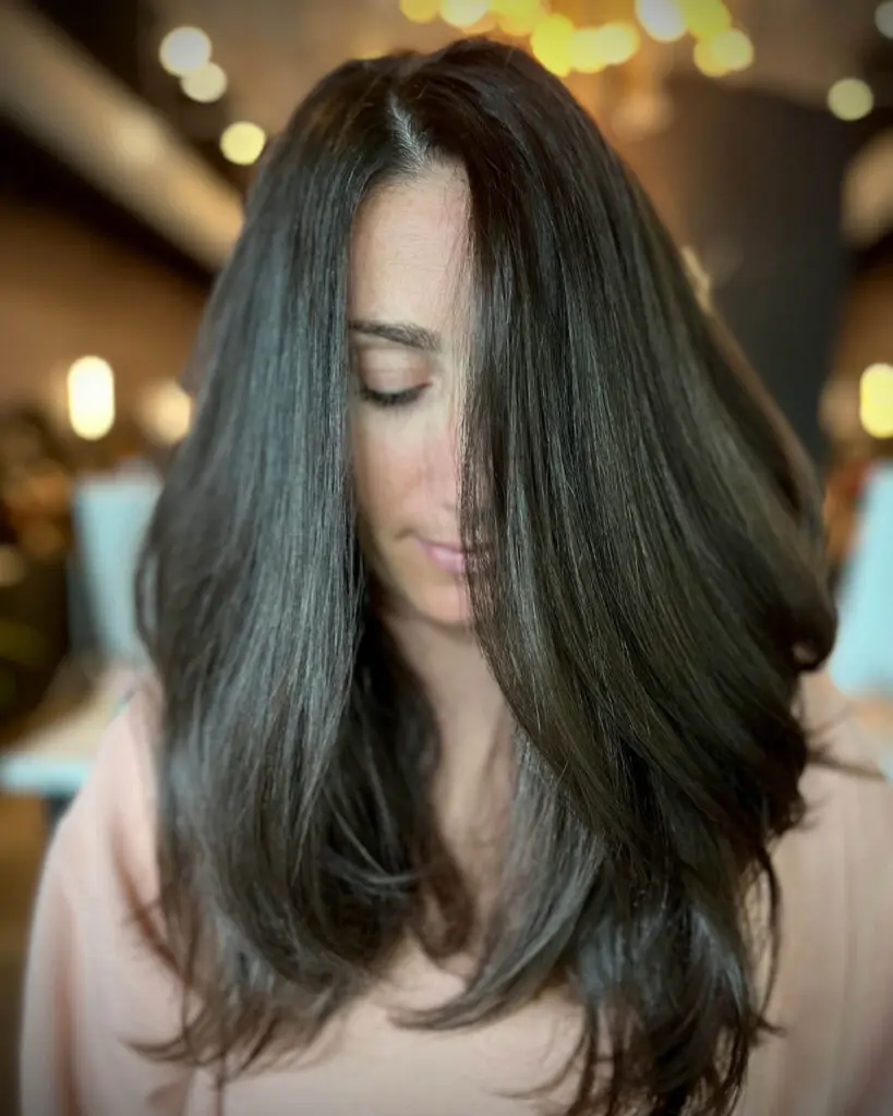 Client with long, glossy espresso dark brunette hair showcasing sweeping face-framing layers styled in a voluminous soft blowout at Sunday Salon in Raleigh, NC.
