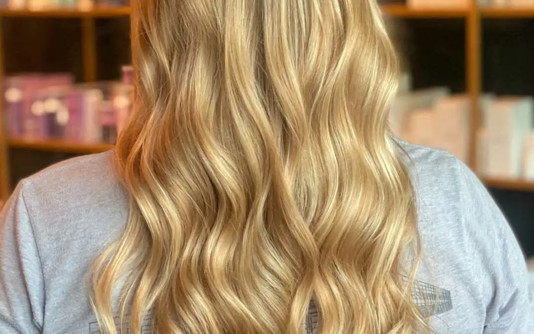 Back view of a client showcasing a thick, luminous honey and cream blonde balayage on voluminous waves styled by Tyler Holden at Sunday Salon in Raleigh.