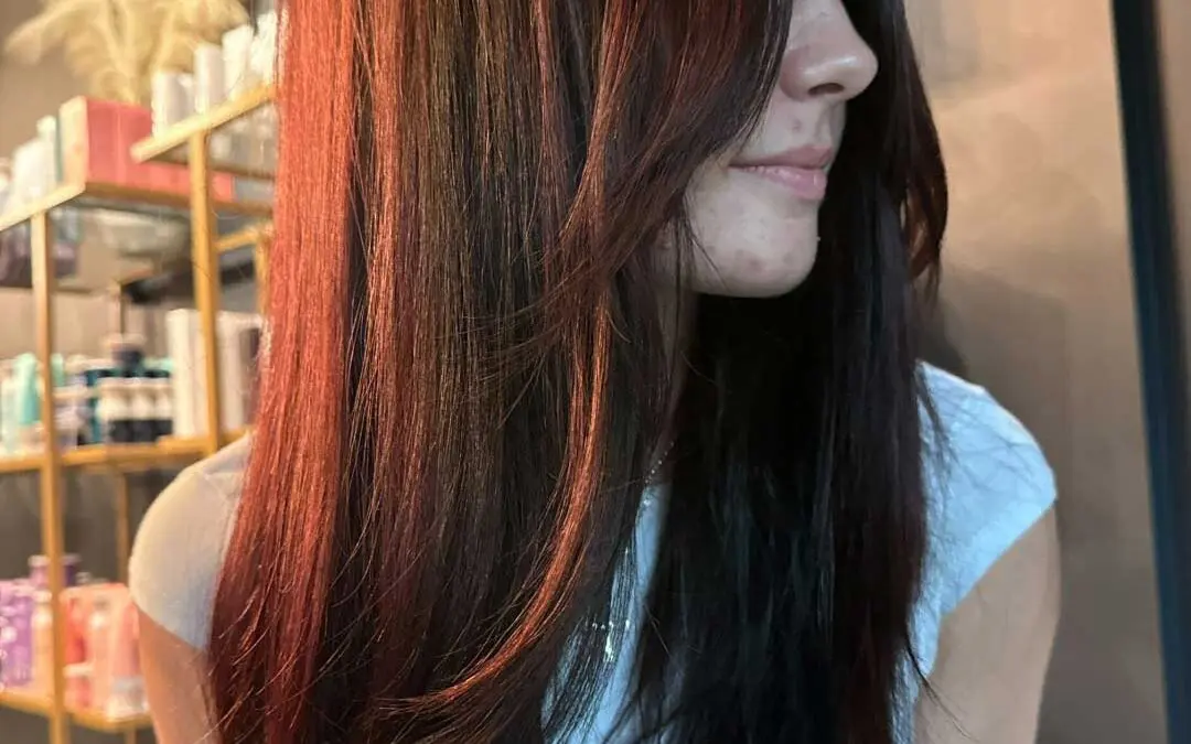 A client at Sunday Salon in Raleigh showcasing a sleek, long haircut with rich dark cherry brunette color, soft face-framing layers, and a smooth blowout finish.