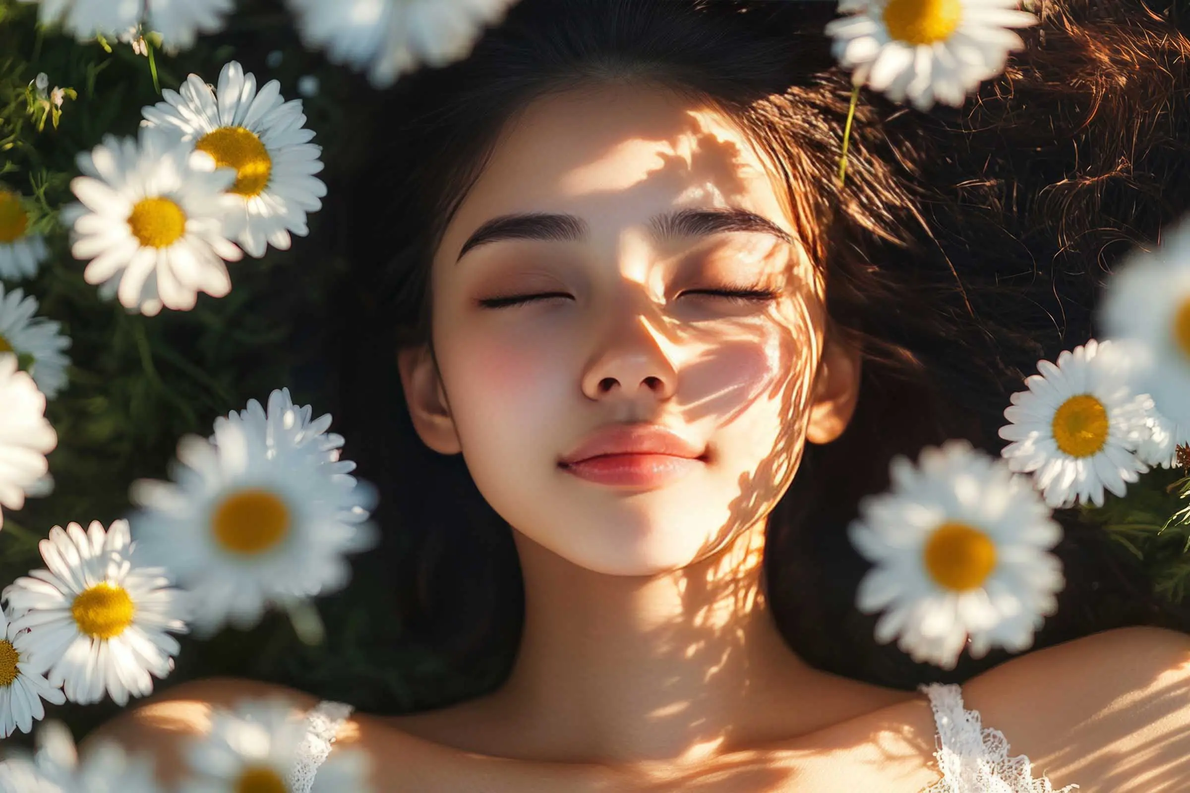 A young woman with long, dark hair peacefully lies with her eyes closed among white daisies in sunlight. Shadows from the flowers cast soft patterns on her serene face, highlighting her content expression and the natural beauty enhanced by non-toxic hair care products.