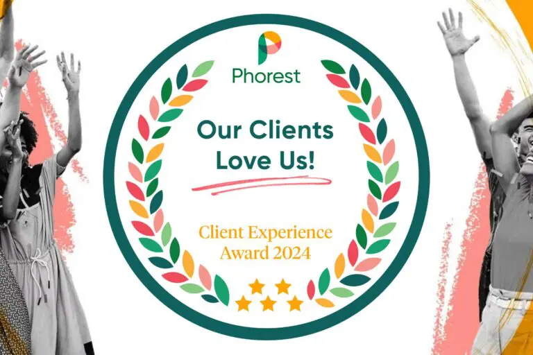 A circular badge with colorful laurel leaves and a gold star at the bottom reads "Our Clients Love Us! Phorest Client Experience Award 2024." The word Phorest is written above the badge. Flanking it are two black and white images of enthusiastic Sunday Salon attendees with hands raised.