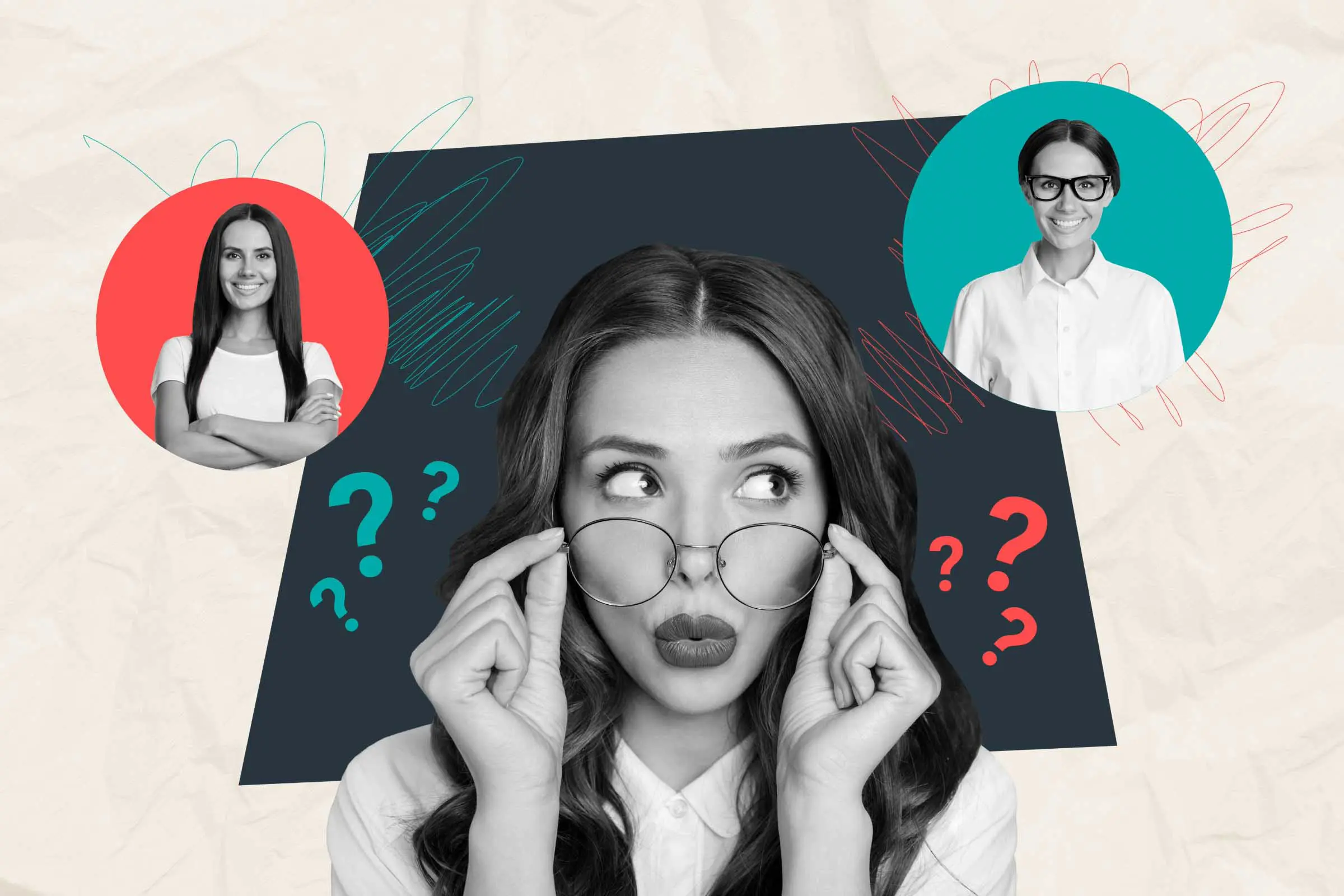 A woman in the center, holding her glasses with a curious expression, is surrounded by question marks. Above her are two smaller circles featuring women in different poses. One on the left is smiling with crossed arms, and the one on the right is smiling with glasses, hinting at "salons hiring near me.