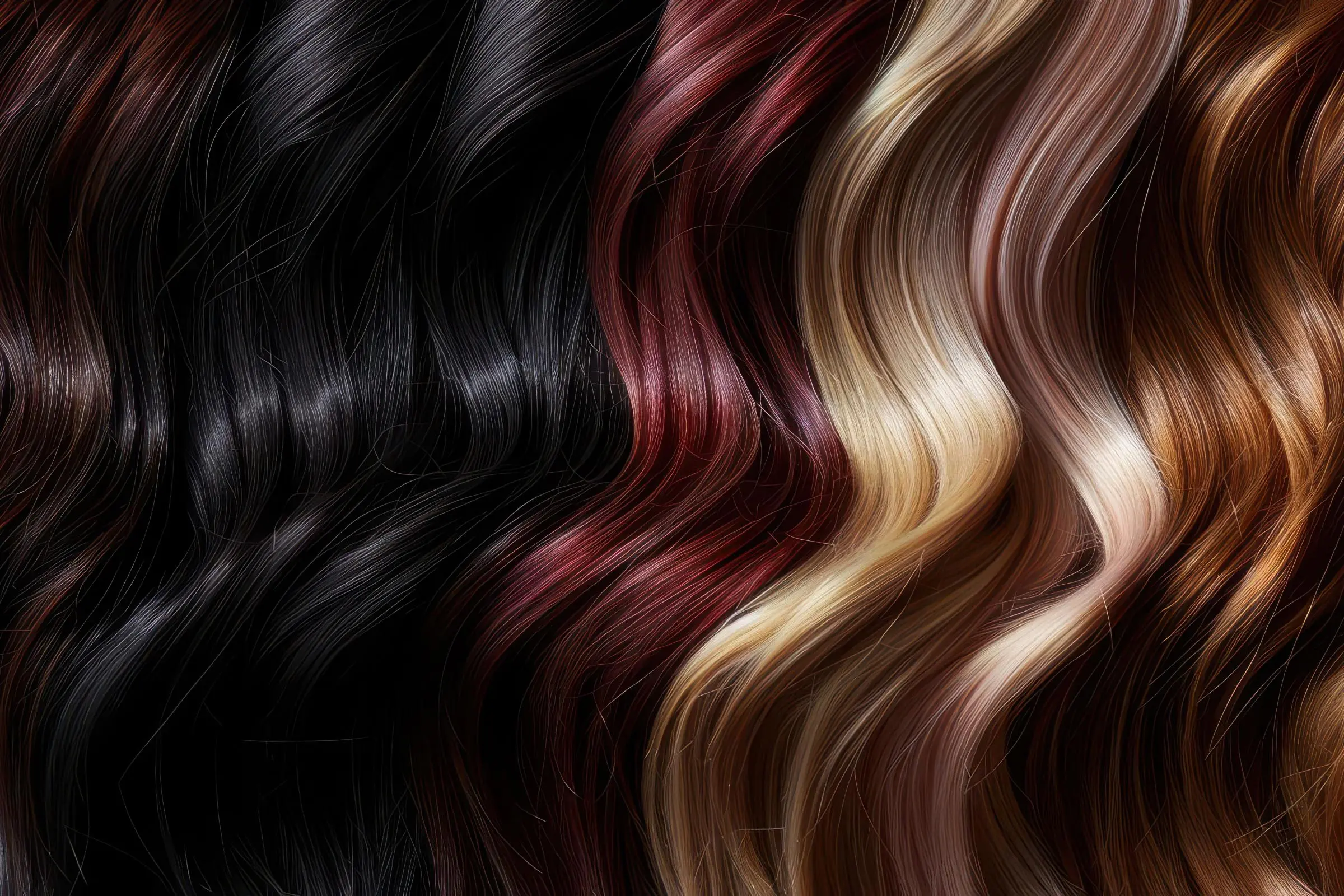 Close-up of five wavy hair strands in different colors: black, dark red, blonde, light brown, and medium brown. The hair shines under bright lighting, showcasing textures and shades in each strand. Consider professional consultation to understand how hair color services might affect your natural luster.