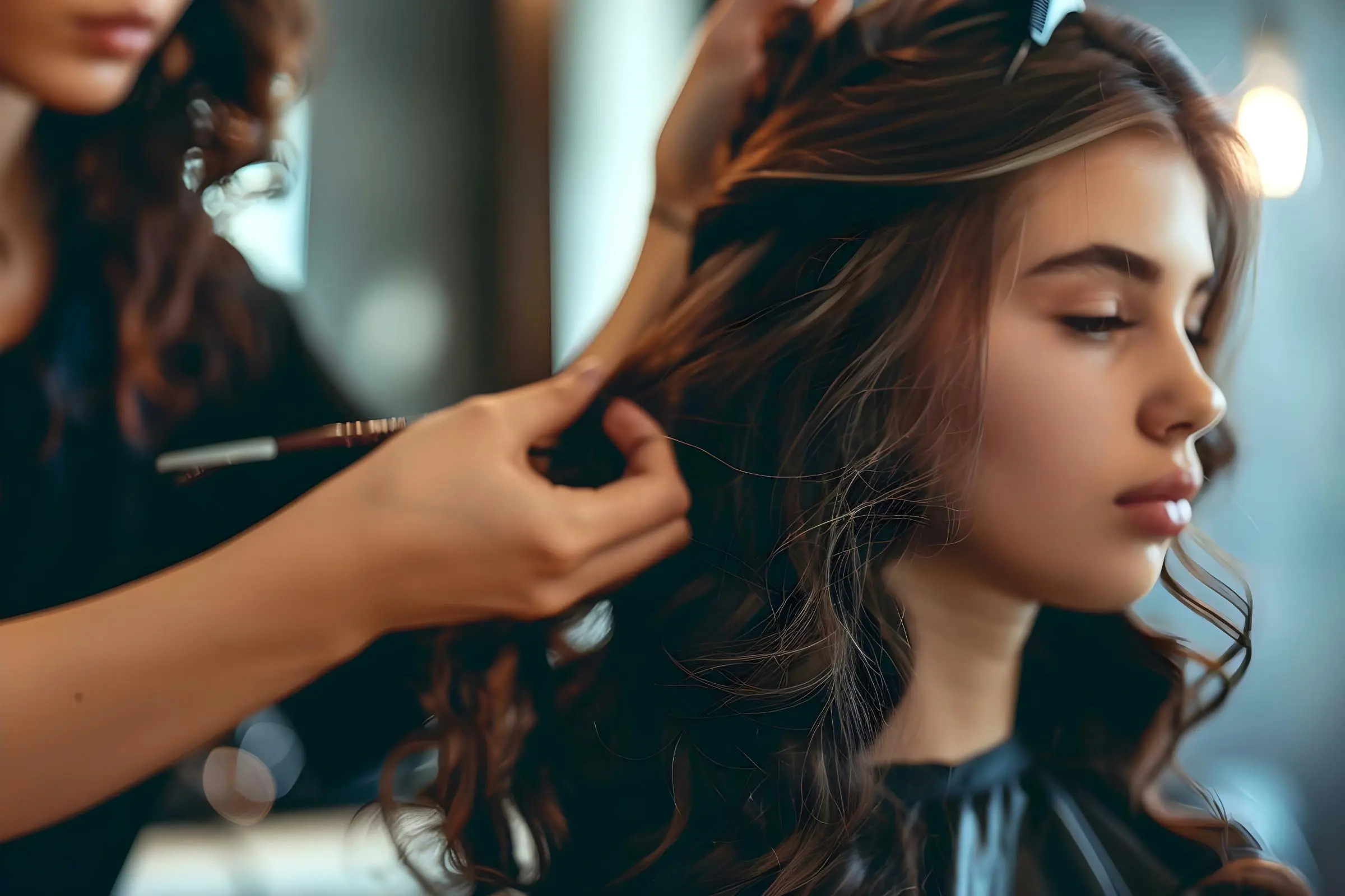 A person with long, brown, curly hair is sitting in a salon chair, getting their hair styled by a hairstylist. Known as hair color experts, the stylist uses a brush meticulously to enhance the person's natural beauty. The background is softly blurred.