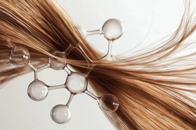 Strands of brown hair intertwine with a transparent molecular structure, symbolizing a connection between hair and chemistry. Glossy molecules amid the flowing strands highlight a game-changing concept in damaged hair care, reminiscent of innovations like the K18 Leave-In Mask.