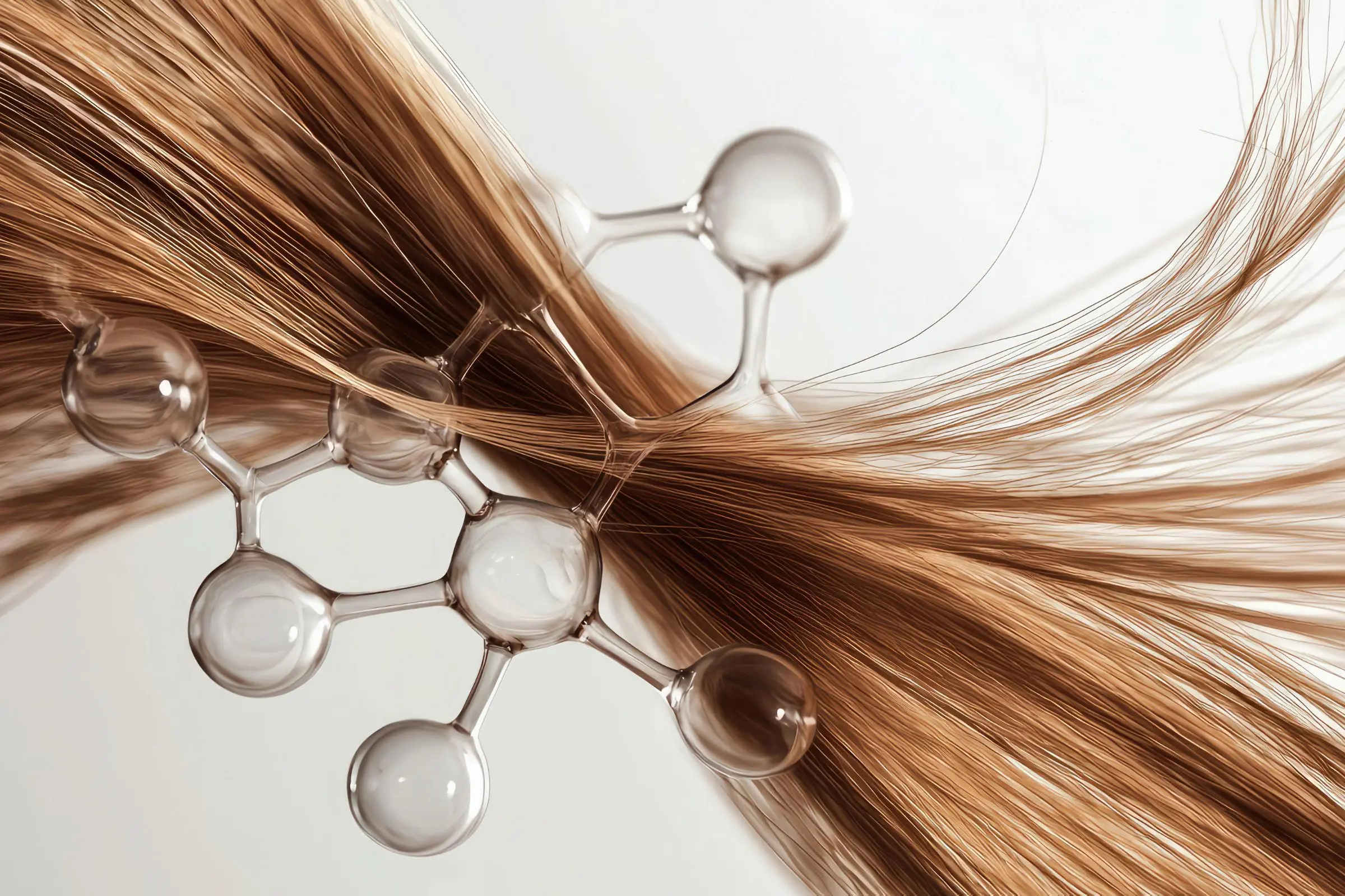 Strands of brown hair intertwine with a transparent molecular structure, symbolizing a connection between hair and chemistry. Glossy molecules amid the flowing strands highlight a game-changing concept in damaged hair care, reminiscent of innovations like the K18 Leave-In Mask.