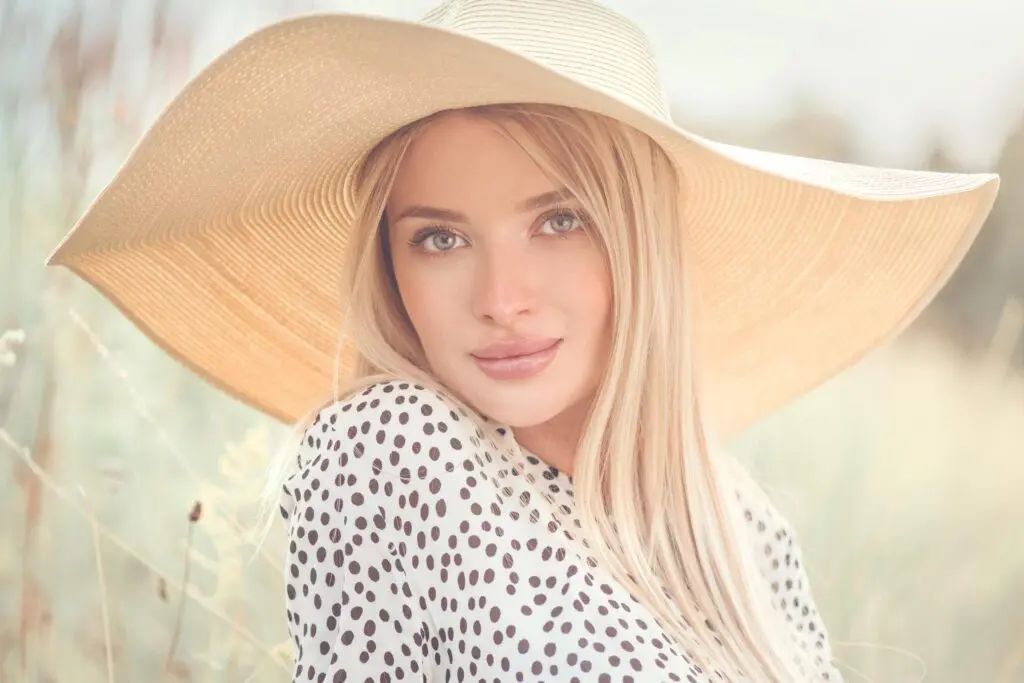 A woman with long blonde hair is wearing a large, wide-brimmed straw hat and a white blouse with black polka dots. She is outdoors, surrounded by soft-focus greenery, giving the image a warm, serene feel.