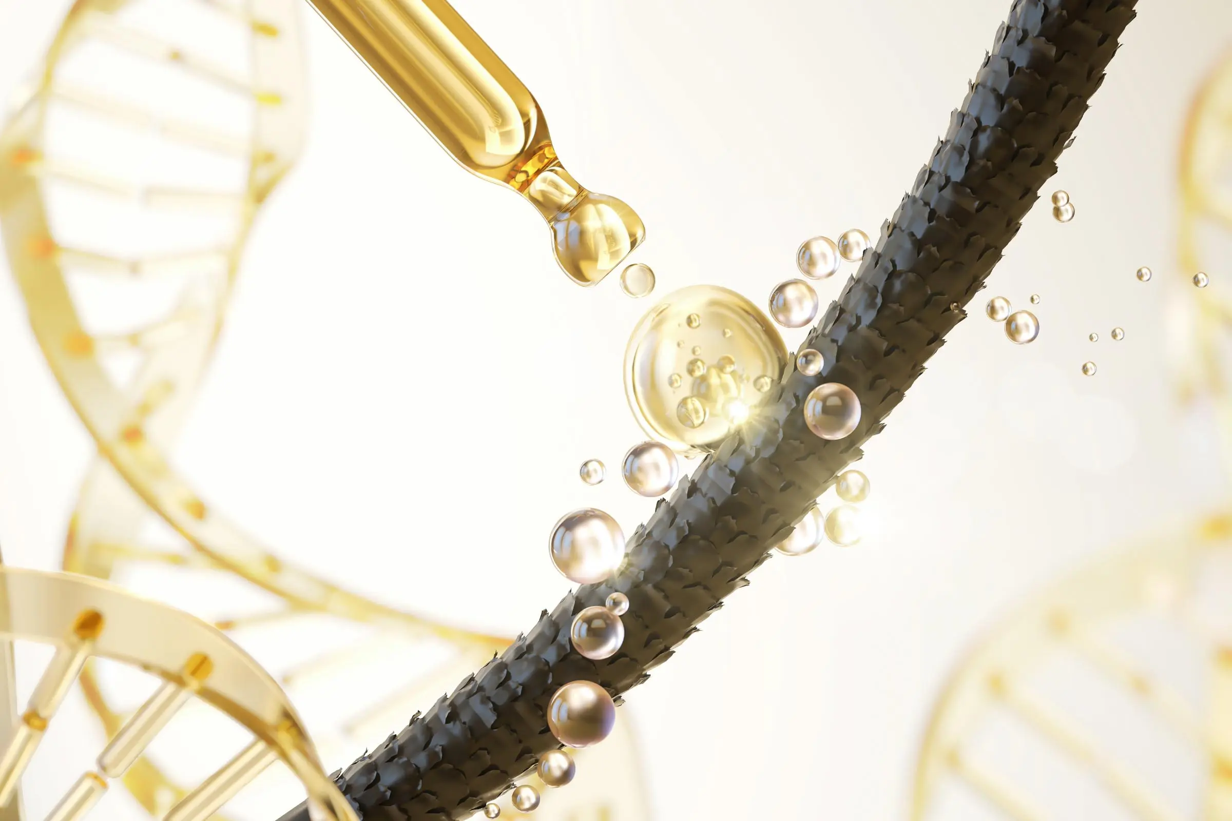 A close-up conceptual image of a DNA strand with a golden liquid droplet of Huile Prodigieuse Shimmer Oil falling from a pipette onto it. Surrounding the strand are small bubbles and a soft, blurred background featuring other DNA helices, creating an elegant glow up.
