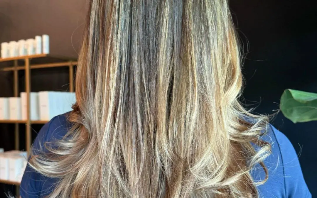 Back view of a client at Sunday Salon in Raleigh with long, heavily layered hair styled in a bouncy blowout, featuring dimensional golden honey blonde highlights and a darker natural base.