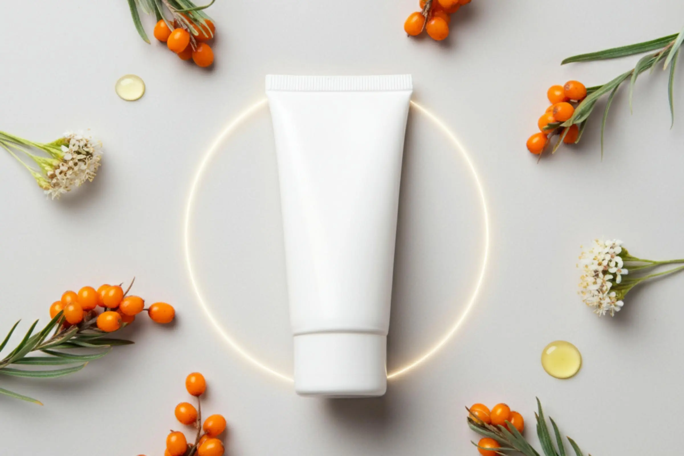 A white cosmetic tube of Supergoop Handscreen SPF 40 is centered on a light background with a subtle glowing circle around it. Surrounding it are sprigs of green leaves, clusters of orange berries, small white flowers, and a few droplets of liquid.