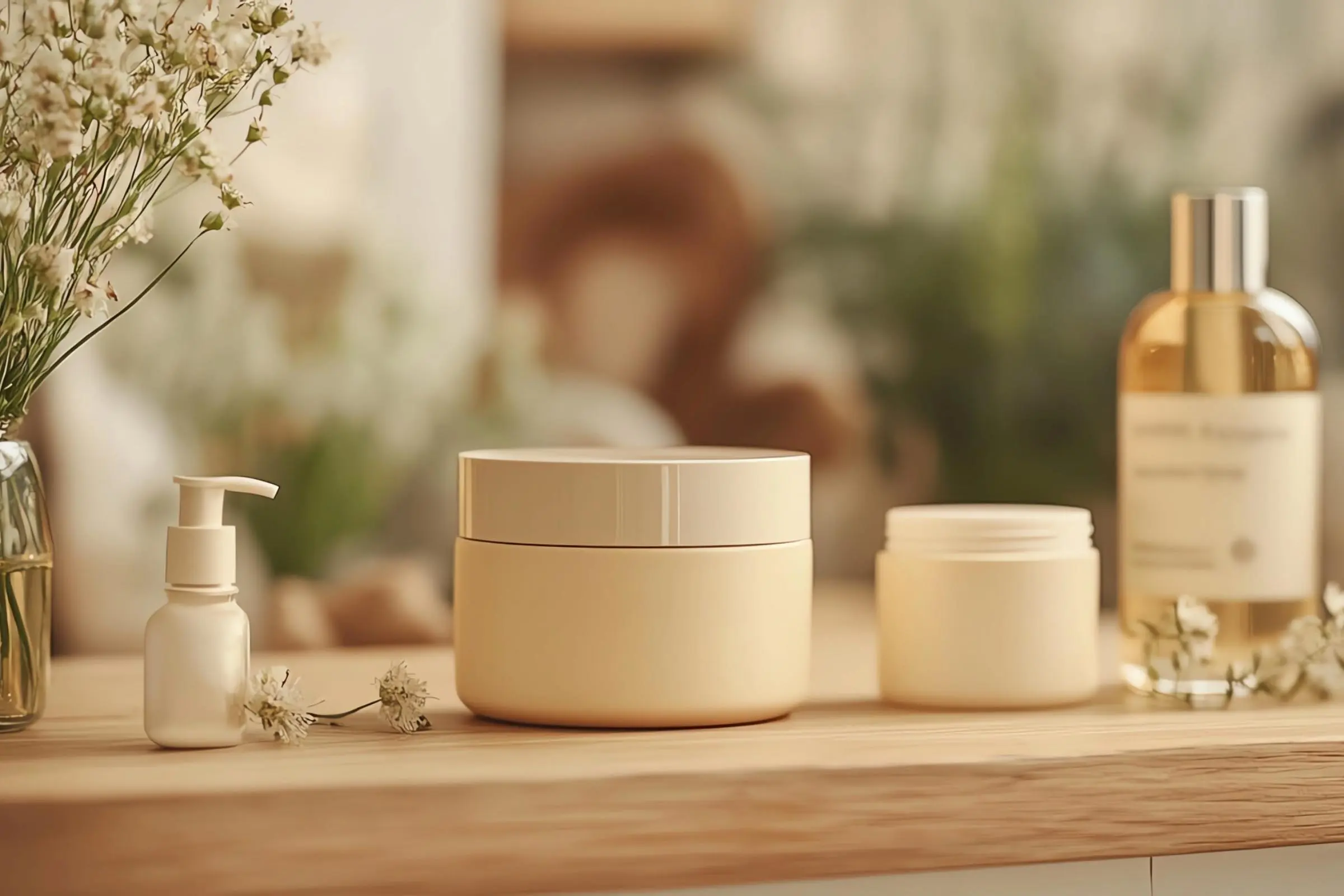 A set of beige skincare containers, including a pump bottle, a jar with a lid, an open jar, and a bottle, displayed on a wooden surface with small white flowers and a blurred natural background.