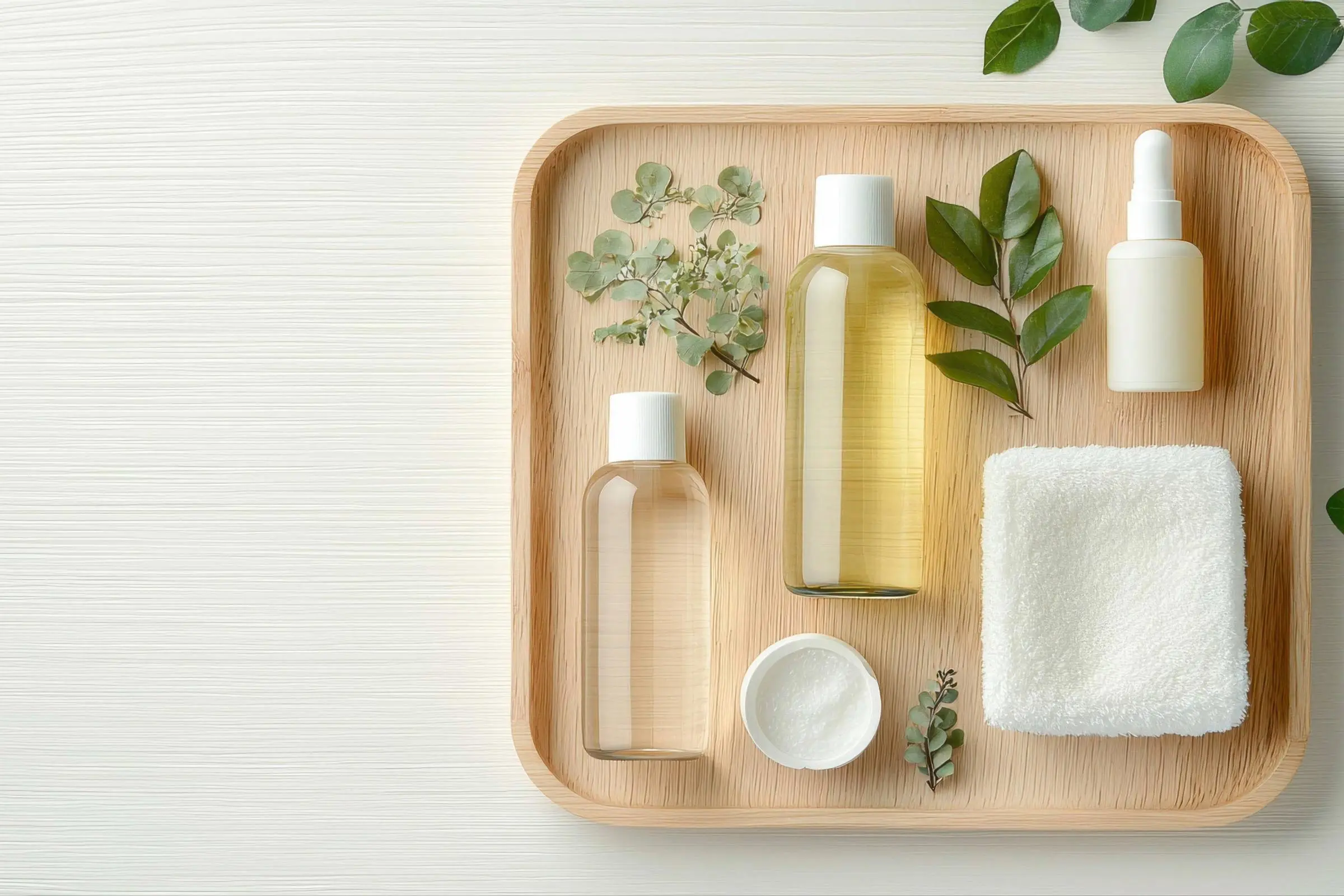 A wooden tray holds bottles of liquid, including Willow Glen Treatment Oil by RŌZ, a small dropper bottle, a jar of white powder, a folded white towel, and green leaves—all perfectly arranged for your next hair transformation.
