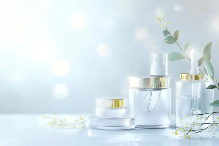 A set of clear skincare product containers with gold lids, including jars, a pump bottle, and a dropper bottle, arranged on a glossy surface with delicate sprigs of greenery and small yellow flowers.