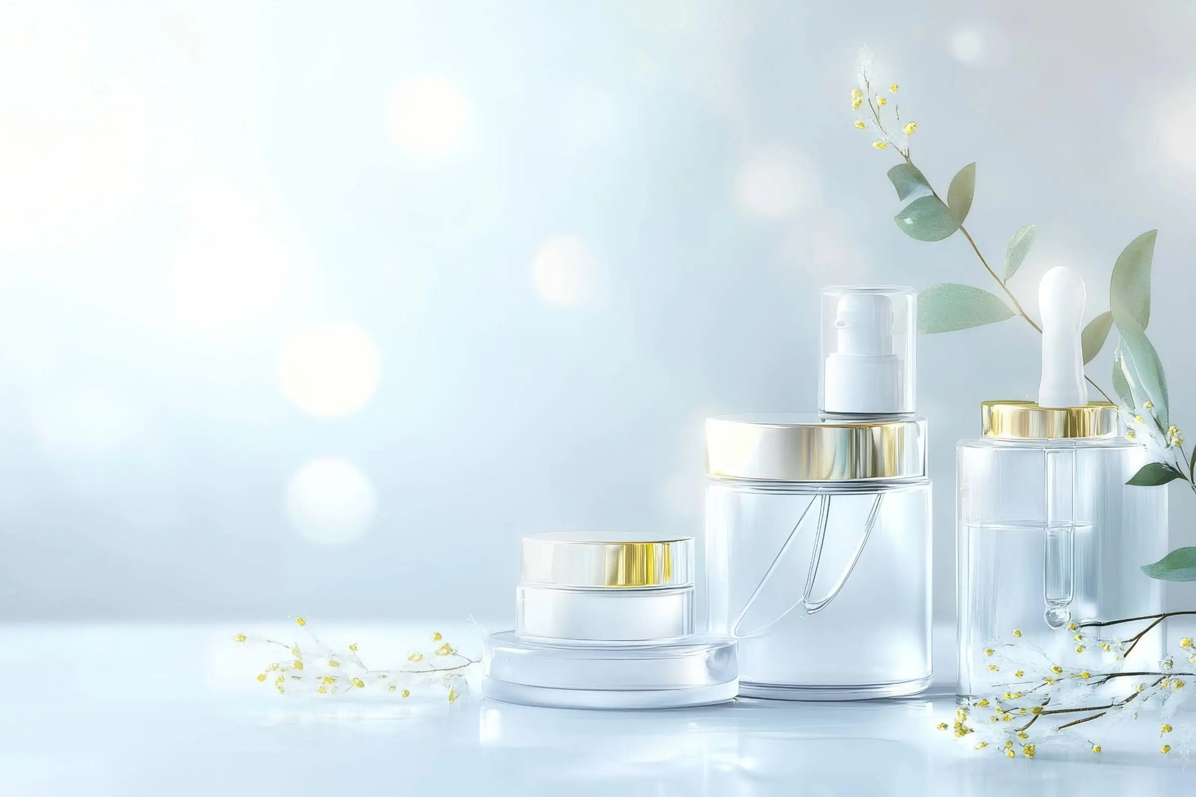 A set of clear skincare product containers with gold lids, including jars, a pump bottle, and a dropper bottle, arranged on a glossy surface with delicate sprigs of greenery and small yellow flowers.