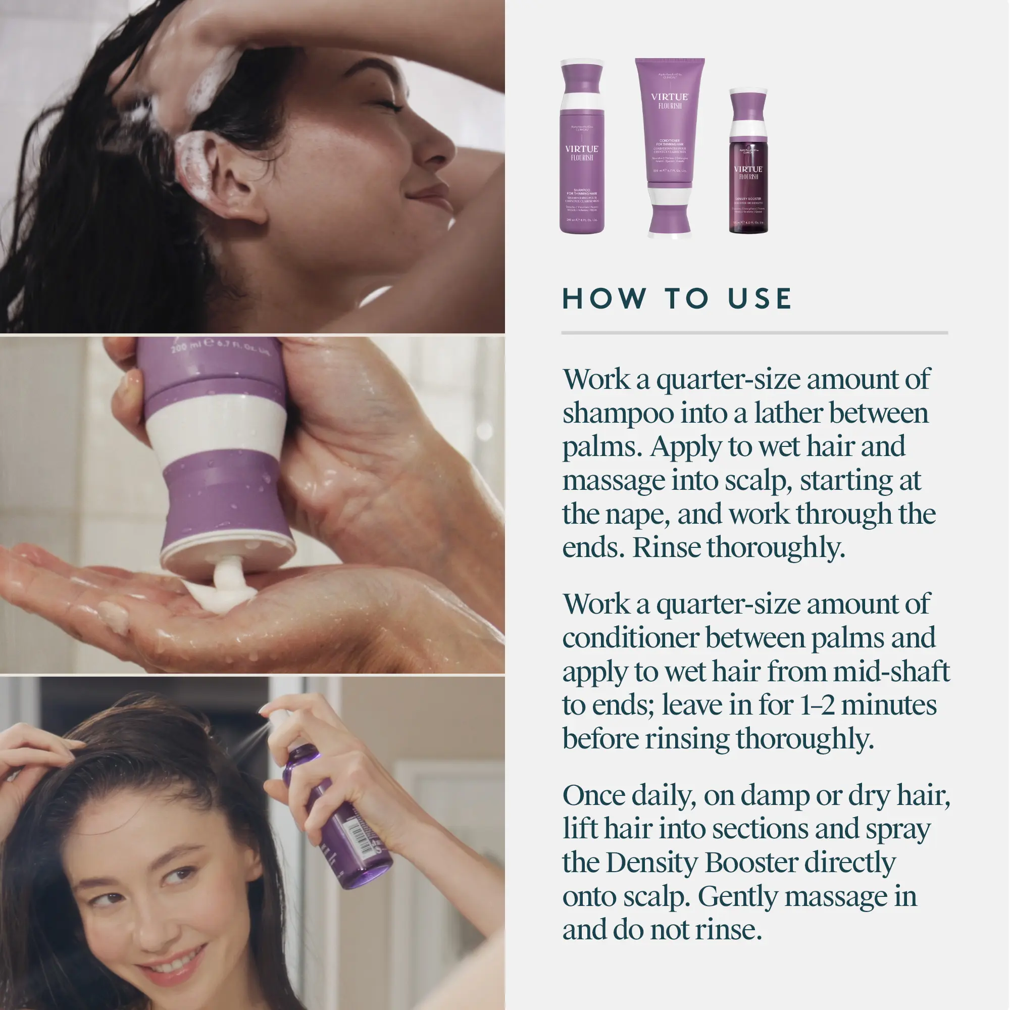 A woman washes and conditions her hair using Verb products. The instructions beside her describe how to use shampoo, conditioner, and a Density Booster by massaging each into the scalp and hair for best results.