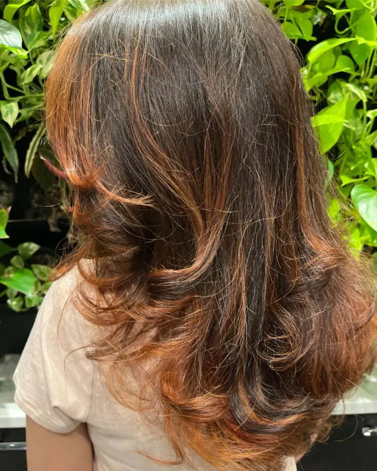 The back of a client's hair at Sunday Salon in Raleigh, displaying a stunning mid-length cut with dynamic, flipped layers. The rich espresso brunette base is beautifully illuminated by hand-painted, vibrant copper and warm auburn balayage highlights. The hair is styled with a glossy finish, showcasing incredible bounce, texture, and multi-dimensional warmth against a background of green foliage.