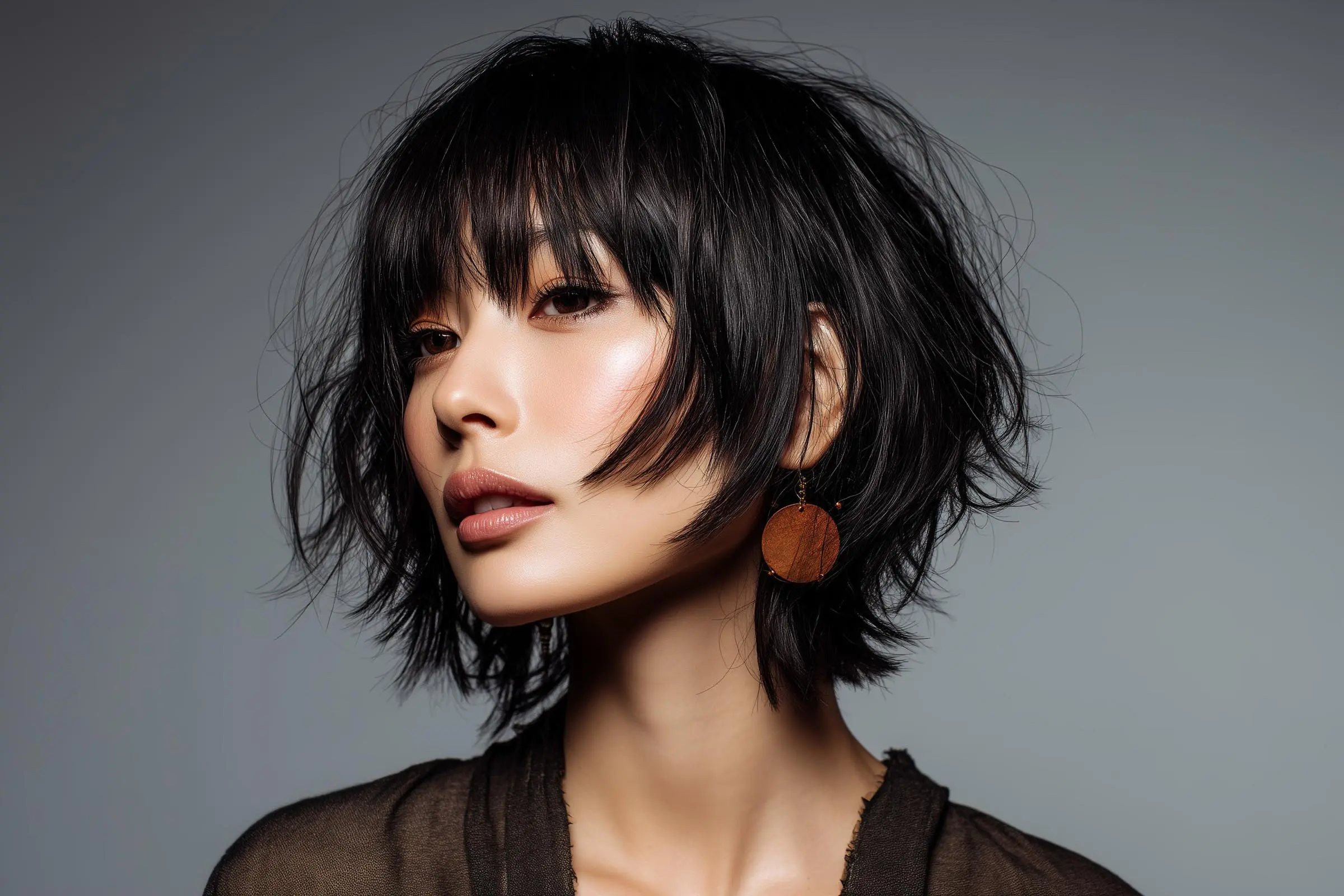 A woman with a short, tousled black shag bob and natural makeup gazes sideways. She wears a brown circular earring and a sheer, dark top, set against a plain gray background.