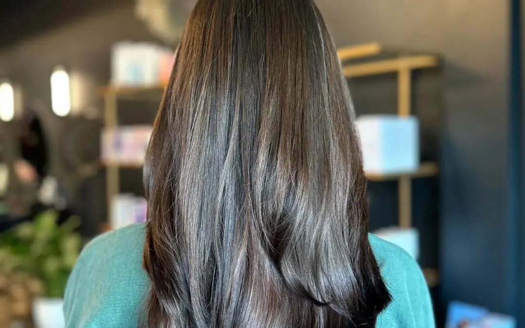 A client showcasing mid-back length dark brunette hair styled in a sleek, smooth blowout with gently curved ends and subtle dimensional highlights, crafted at Sunday Salon in Raleigh.