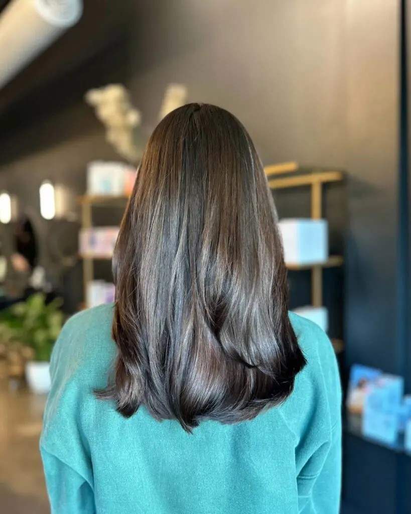 A client showcasing mid-back length dark brunette hair styled in a sleek, smooth blowout with gently curved ends and subtle dimensional highlights, crafted at Sunday Salon in Raleigh.