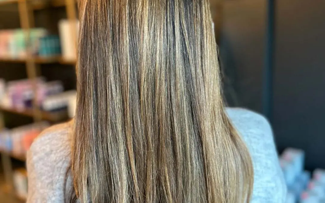 A client with long, straight hair showcasing fine golden blonde highlights and a dark base, styled in a polished, sleek blowout at Sunday Salon in Raleigh.