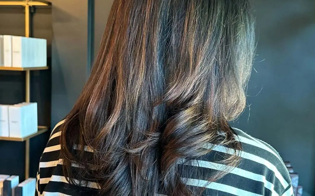 A client with mid-length dark brunette hair featuring warm copper highlights, styled in a voluminous bouncy blowout with softly curled ends at Sunday Salon in Raleigh.
