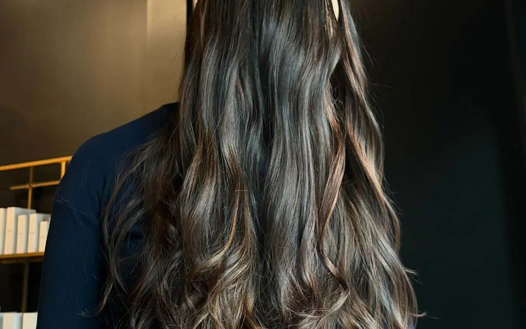 A client with ultra-long dark brunette hair featuring dimensional warm caramel balayage highlights, styled in loose waves at Sunday Salon in Raleigh.